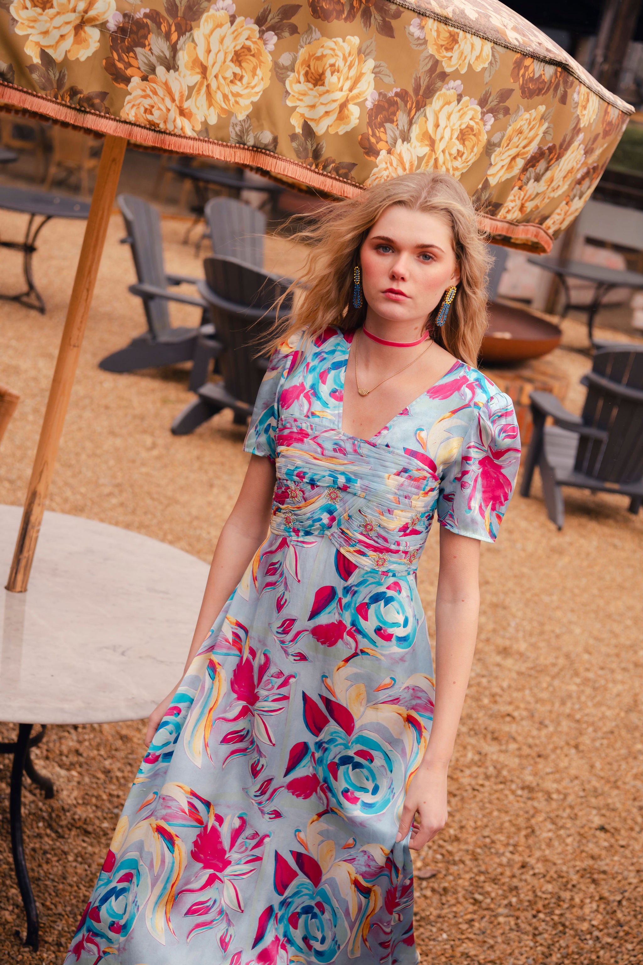 Orla Dress in multi pool blue print