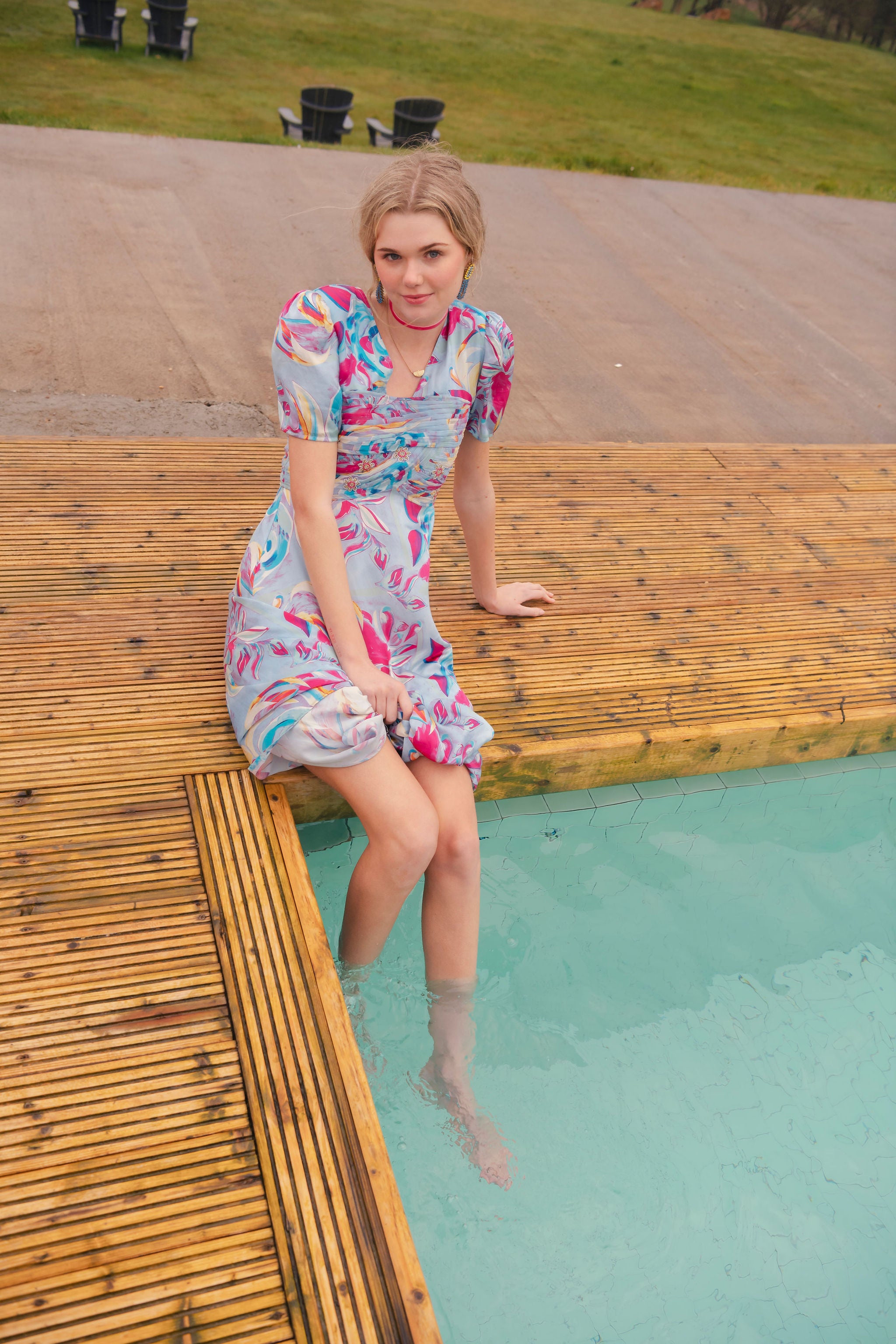 Orla Dress in multi pool blue print