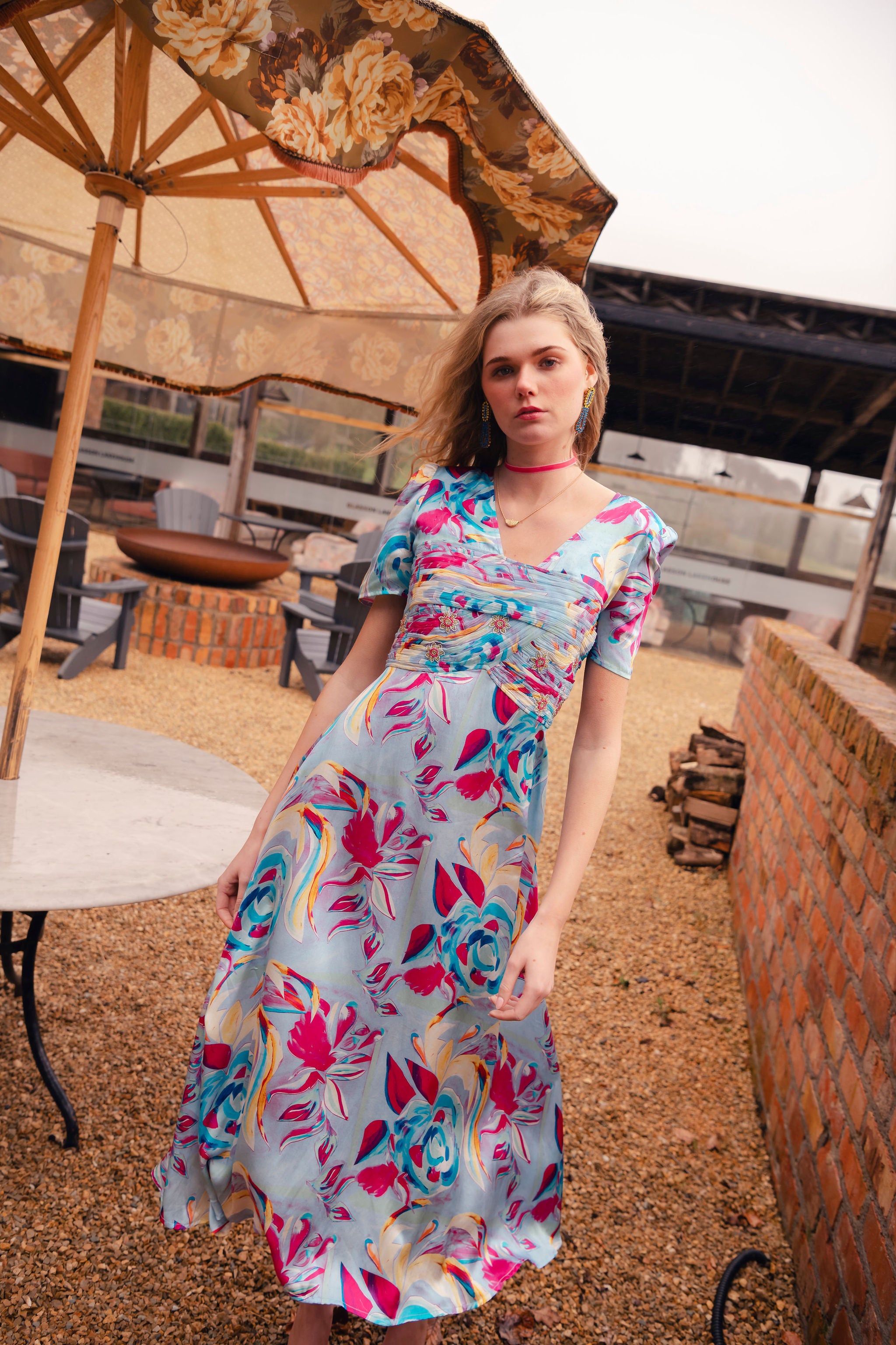 Orla Dress in multi pool blue print