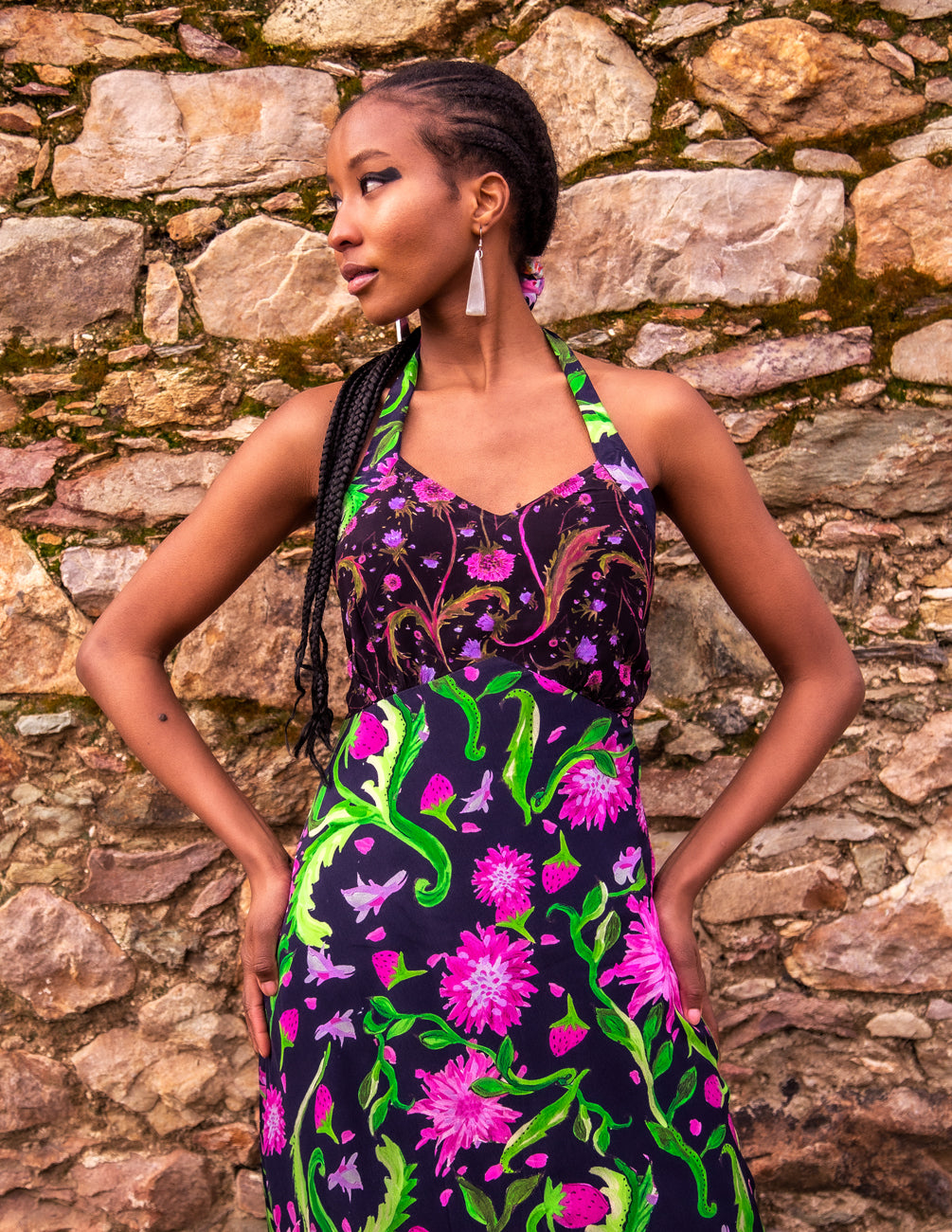 The Saoirse dress in navy/black strawberry floral print